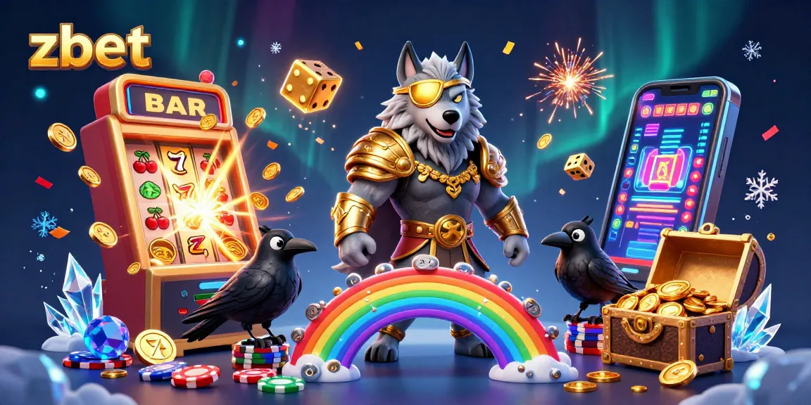 Engage with zbet's thrilling online casino experience featuring a vibrant 3D scene of slot machines and Norse characters.