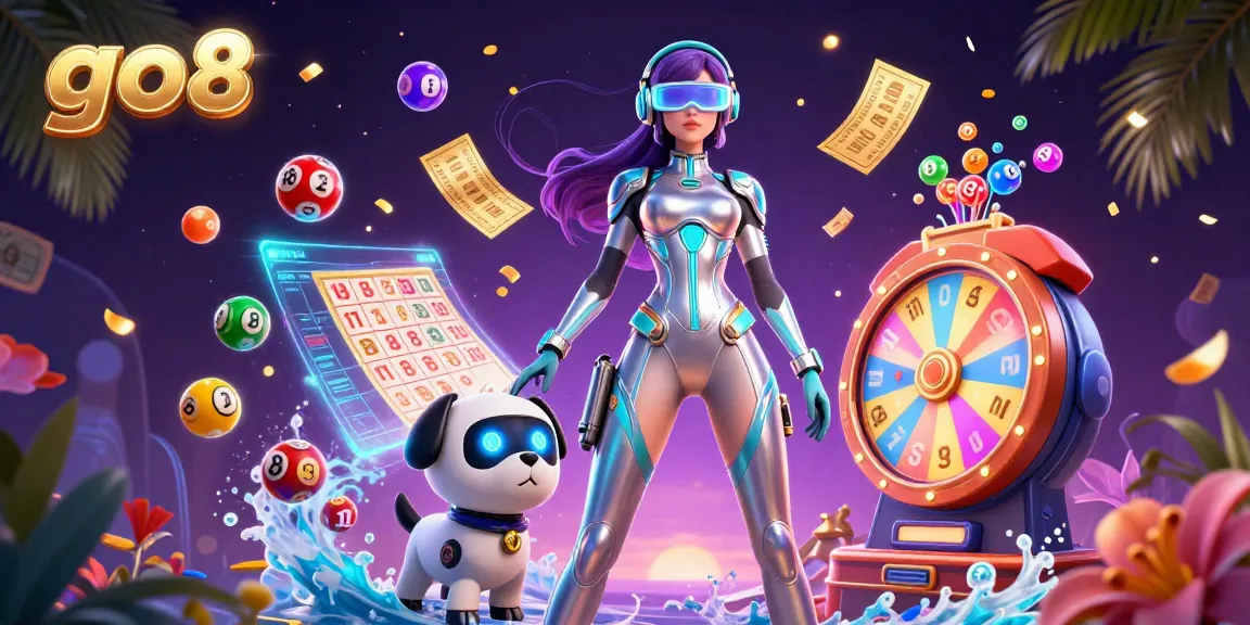 Join the excitement of go8 with vibrant lottery balls and holographic casino scenes.