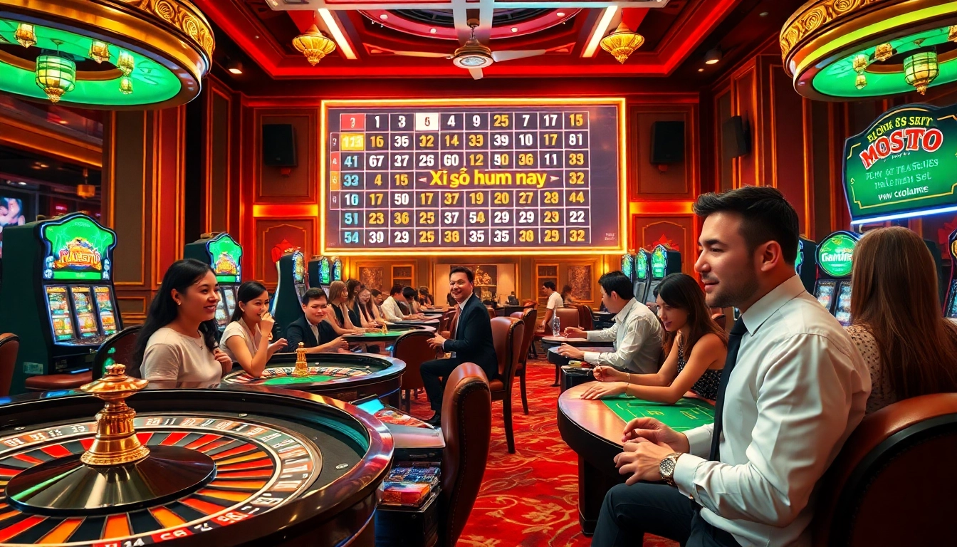 Xổ số hôm nay displayed on a digital lottery screen in a lively casino atmosphere.