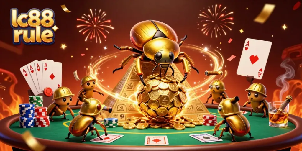 Engage in online betting at lc88 rule with a vibrant 3D casino scene of beetles rolling golden coins.