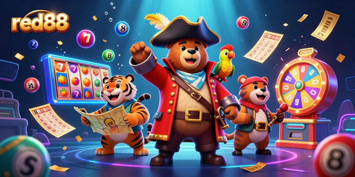 Engage with red88's vibrant gambling scene of 3D characters among colorful slot machines and lottery elements.