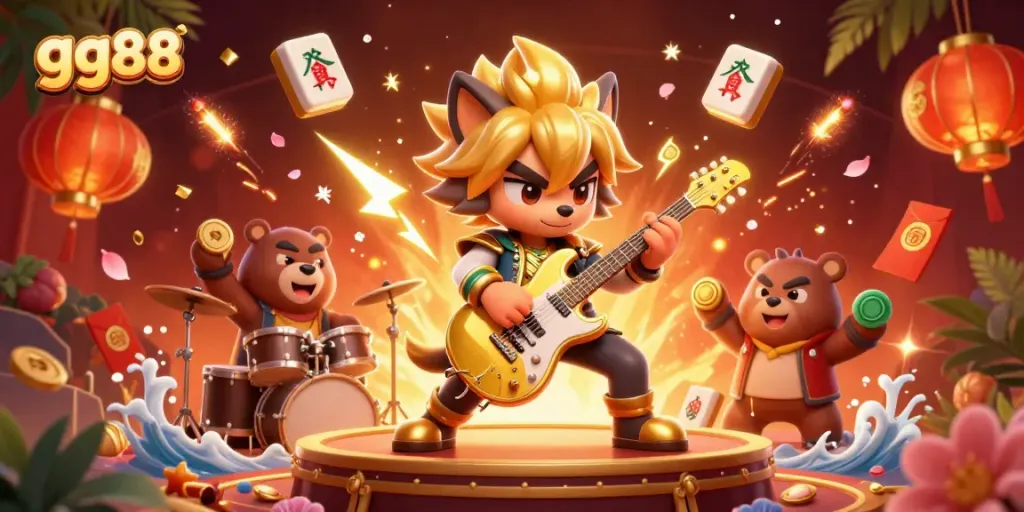 Experience the excitement of gg88 as the rock star wolf performs on a lively casino stage, surrounded by vibrant elements.