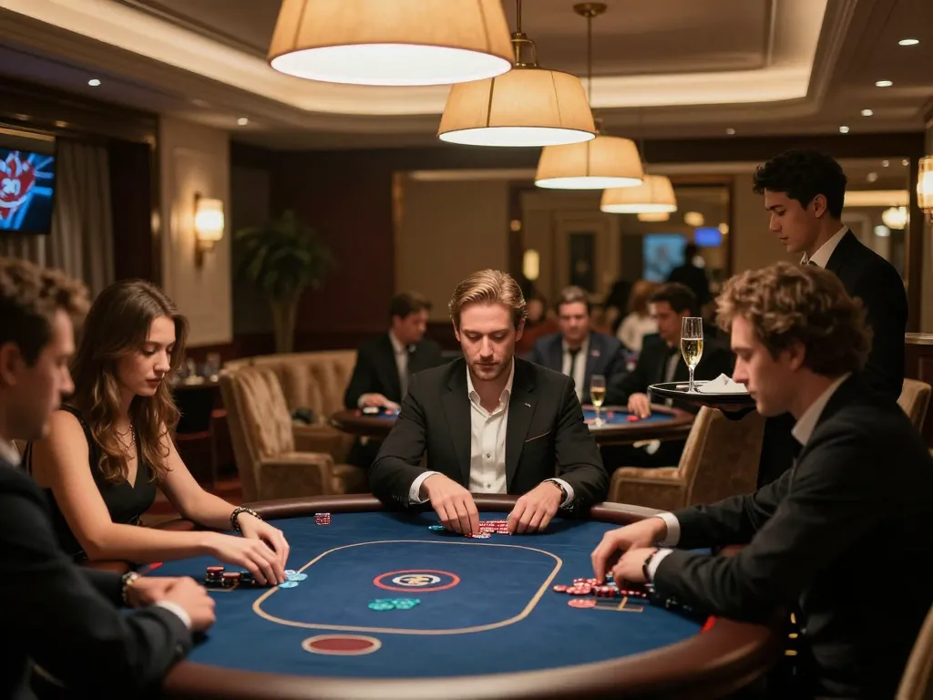 KJC players enjoying high-stakes poker in an upscale casino VIP area with elegant decor.