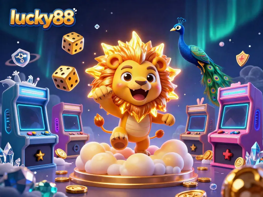 Engage in the vibrant world of lucky88 with a stunning 3D rendering of gaming elements and characters.