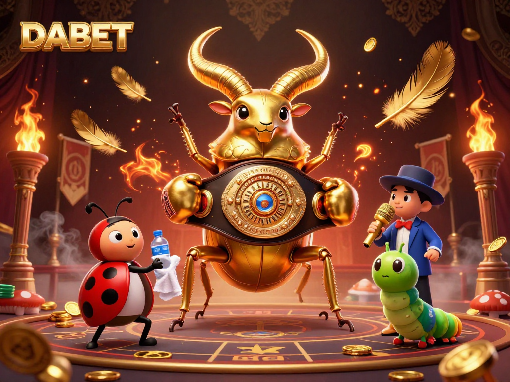 DABET showcases thrilling gambling action with a golden stag beetle boxing champion surrounded by casino elements.
