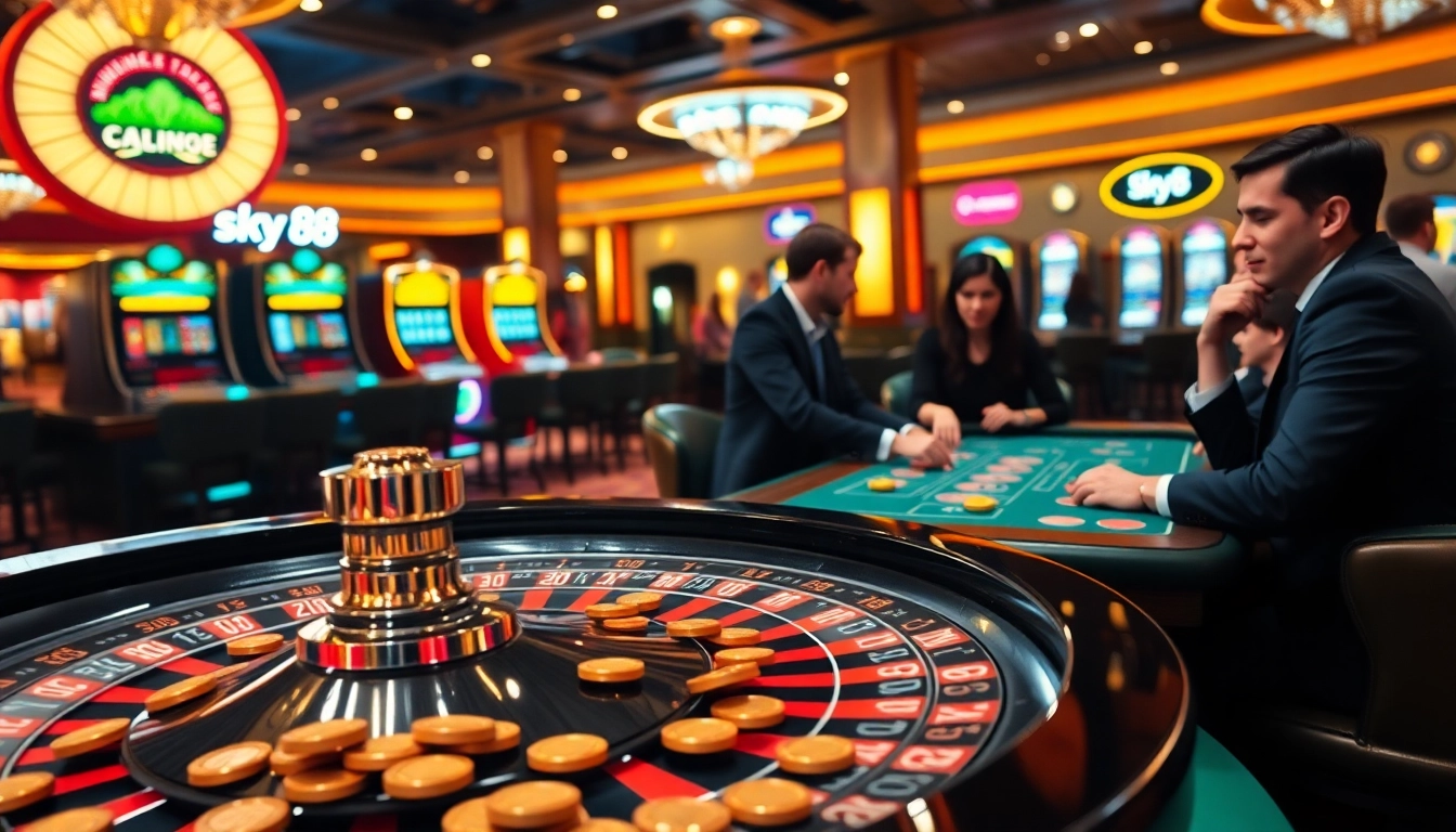 Casinos and excitement at https://sky88j.design/ featuring poker tables and roulette wheels.