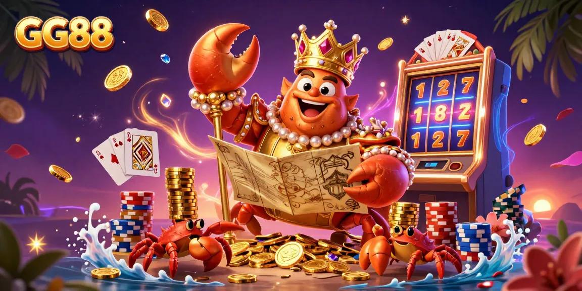 Engage with GG88, where a golden crab emperor leads a world of vibrant gambling with gold coins and slots.