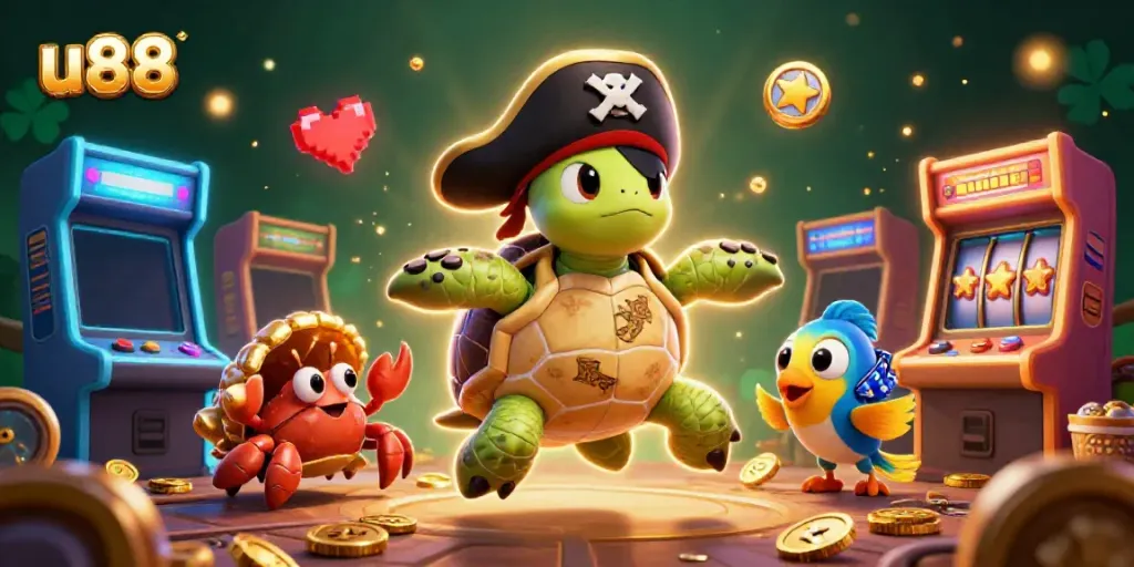 Experience the excitement of u88 with a pirate turtle and treasure in a dynamic casino-themed scene.
