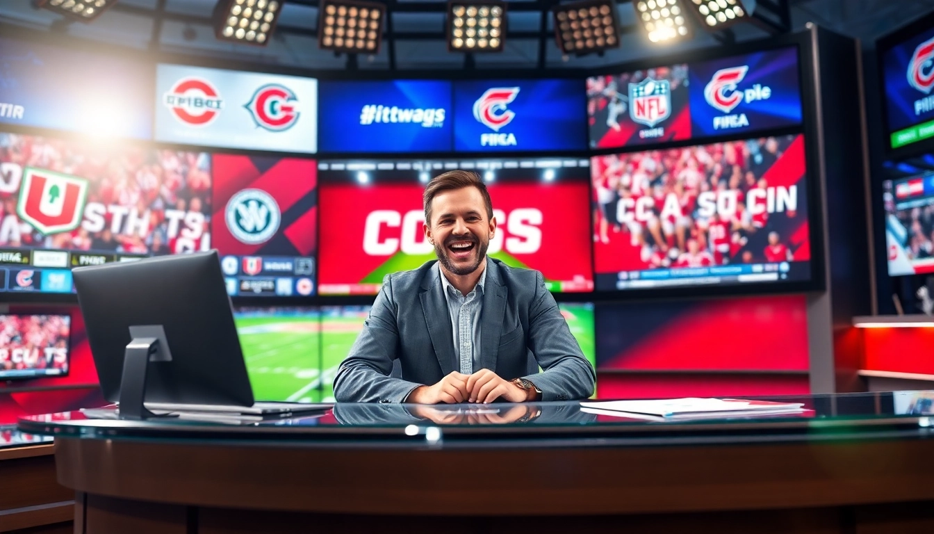 Engaging sports broadcasting environment featuring a commentator and live sports graphics.