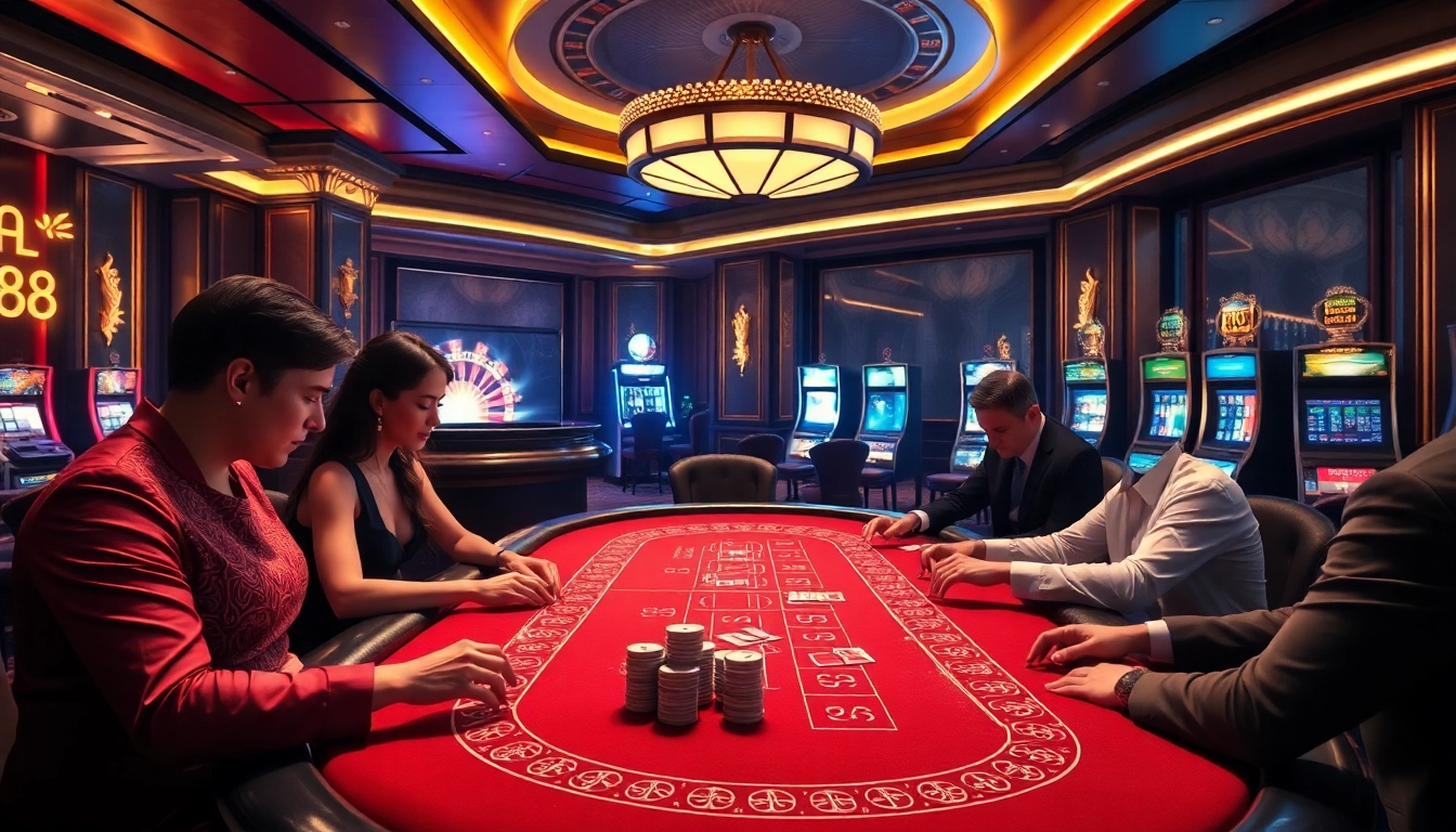 Engaging baccarat game scene in a luxurious casino featuring vibrant elements related to red88.