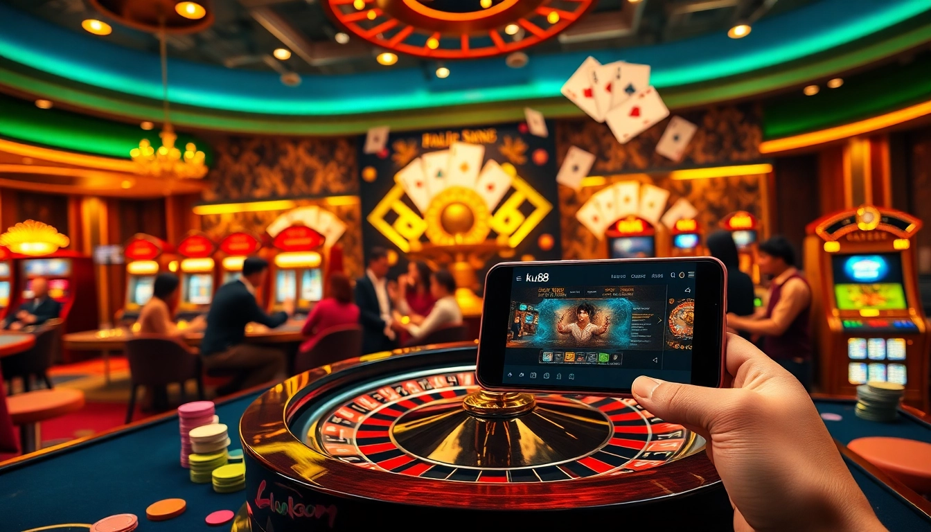 Tải ku88 app engaging players at a luxurious casino table with vibrant chips and cards.