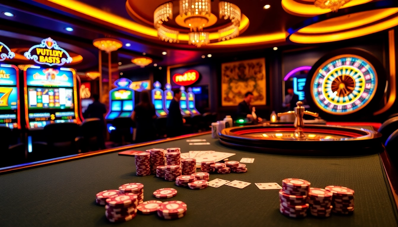 Players enjoying a thrilling casino experience at red88 with vibrant tables and slot machines.