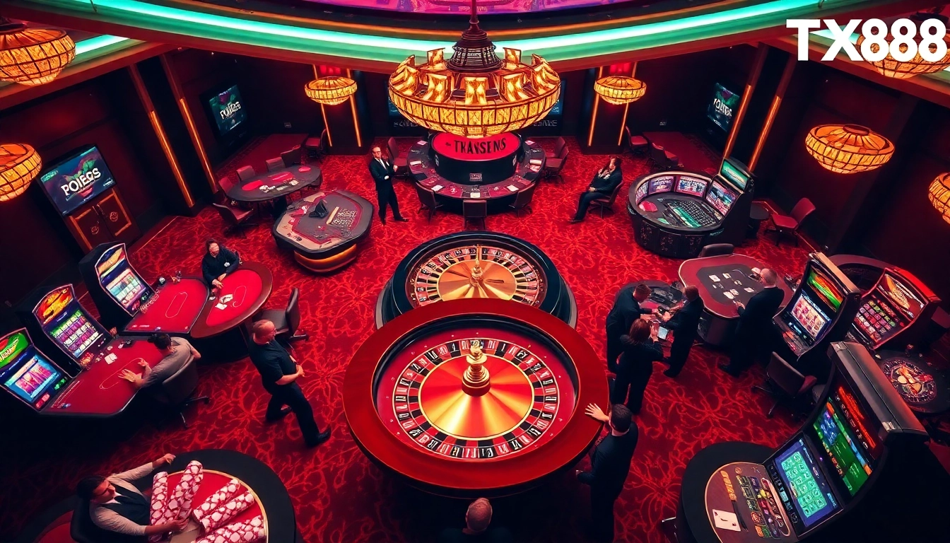Exciting TX88 casino action with roulette, poker tables, and colorful slot machines.