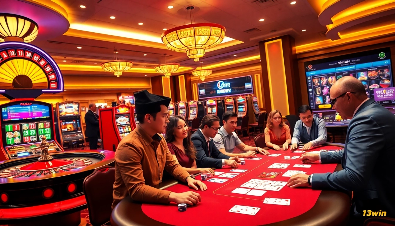 Excited players enjoying a classic casino scene featuring 13win poker tables and vibrant slot machines.