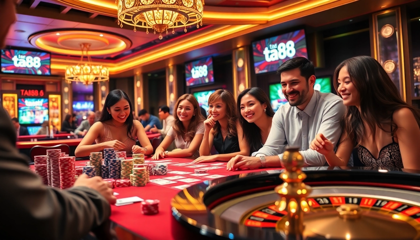 Players enjoying a thrilling poker game at ta88, showcasing vibrant chips and passionate gameplay.