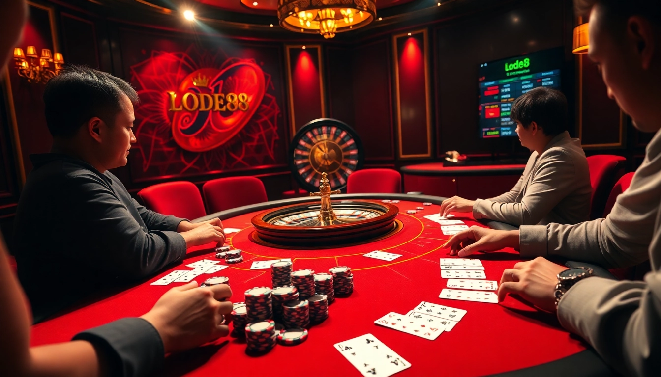 Players celebrating wins at the lode88 table with cards and chips in a luxurious casino setting.