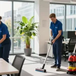 Schoonmaakbedrijf Den Haag showcasing professional cleaners sanitizing a modern office.