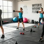 Unieke Pharma Shop training in een energieke gym met trainers die oefeningen demonstreren.