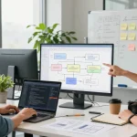 Building internal tools with AI in a collaborative tech workspace showing diverse professionals engaged in development.